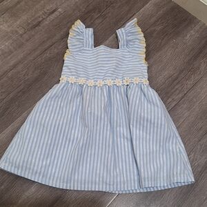 Blue Striped Kids Dress with Floral Accents
